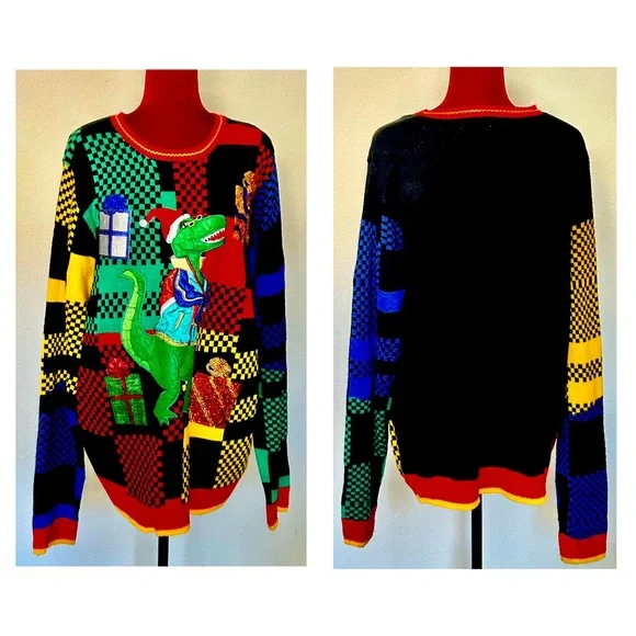 Holiday Time Men's Festive Dinosaur Sweater - Red, Green, Blue, Yellow - Picture 4 of 6